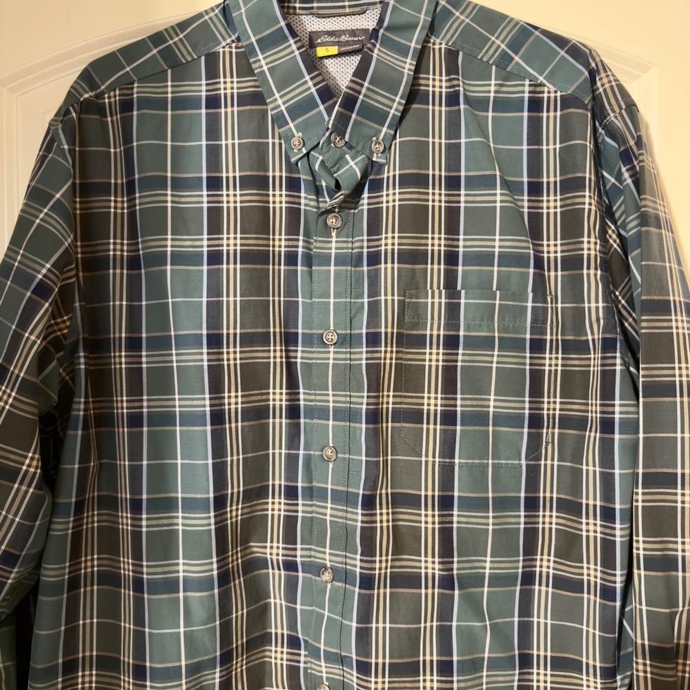 Eddie Bauer Green and Blue Plaid Casual Shirt